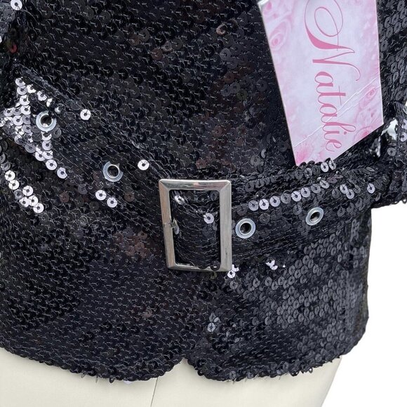 NATALIE DANCE WEAR Sequined Vest w/Lapels & Belt Women's S/Med Black Theater NWT - Picture 6 of 16